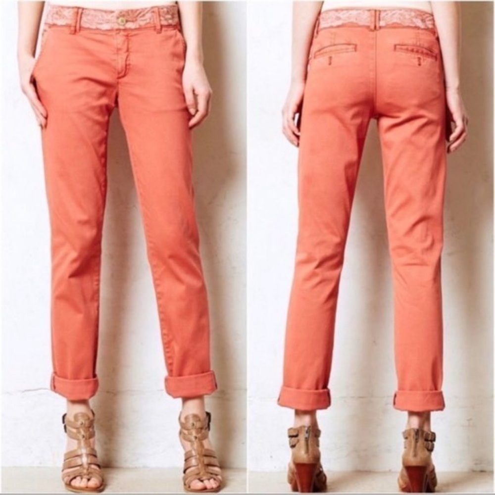 Pilcro Hyphen Pants Size 25 Embroidered Waist Chino Khaki Twill Pastel Salmon